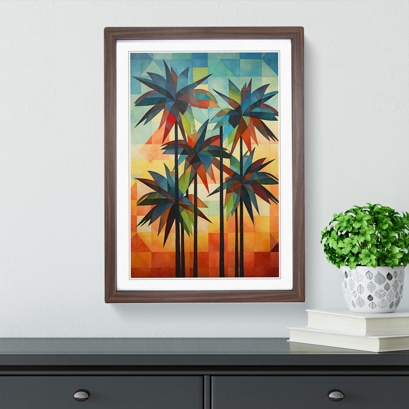 Palm Tree Geometric - Single Picture Frame Print on Wood, 34cm H x 25cm W x 2" D, Walnut Framed