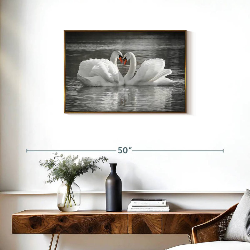 Couple de cygnes amoureux, Cadre flottant doré, 31 po x 21 po