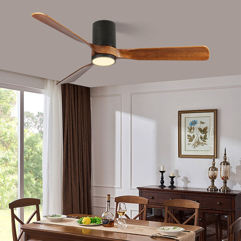 60 po Ventilateur de plafond encastré noir mat intérieur / extérieur à DEL avec pales en bois, télécommande CC 6 vitesses