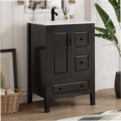 24 inch Bathroom Vanity with Sink, One Cabinet with Soft-closing Door, 3 Soft-closing Drawers, Retro Metal Handles
