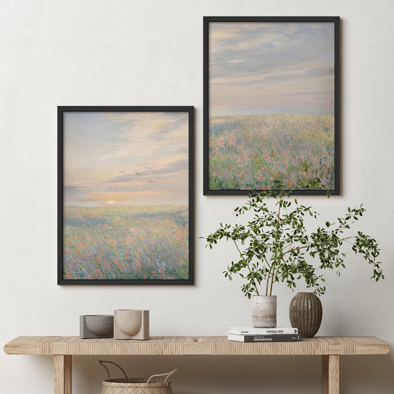 Ensemble d'art mural encadré 2 pièces Sunrise Meadow - impressions de paysage impressionnistes pour le salon ou le couloir