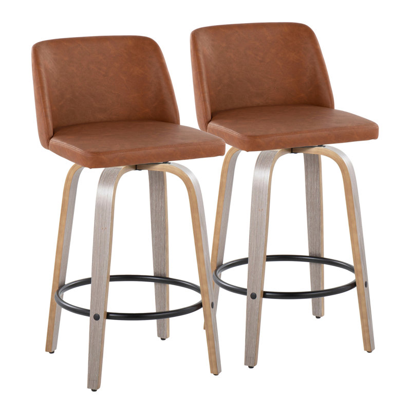 Tabouret de comptoir 26 po contemporain à hauteur fixe avec pivot en bois gris clair et similicuir brun clair avec repose-pieds rond en métal noir - ensemble de 2
