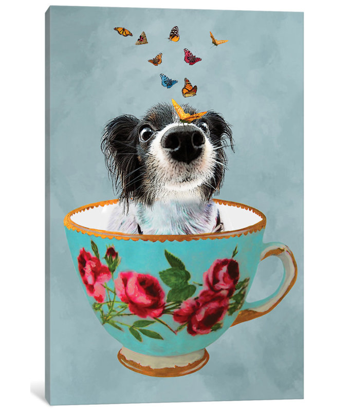 «Doggy in a Cup», reproduction d'art sur toile, H 26 po x l 18 po x P 1,5 po, Toile avec cadre noir, Pas de tapis
