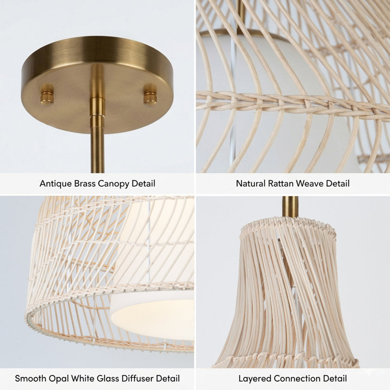 1-Light Organic Modern Woven Pendant Light, Handwoven Rattan & Opal Glass Shade Ceiling Fixture with Antique Brass Finish, Sloped Ceiling Compatible for Kitchen Island, Dining Room