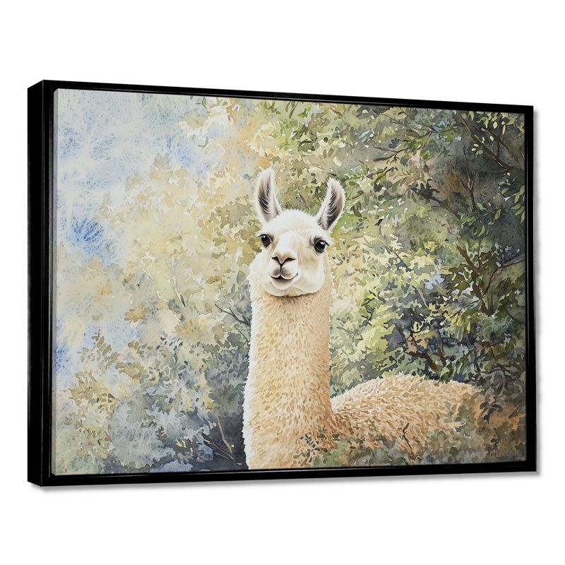 Lama qui erre dans la forêt - Art mural lama, H 34 po x l 44 po, Impression dans un cadre flottant sans passe-parto, Noir