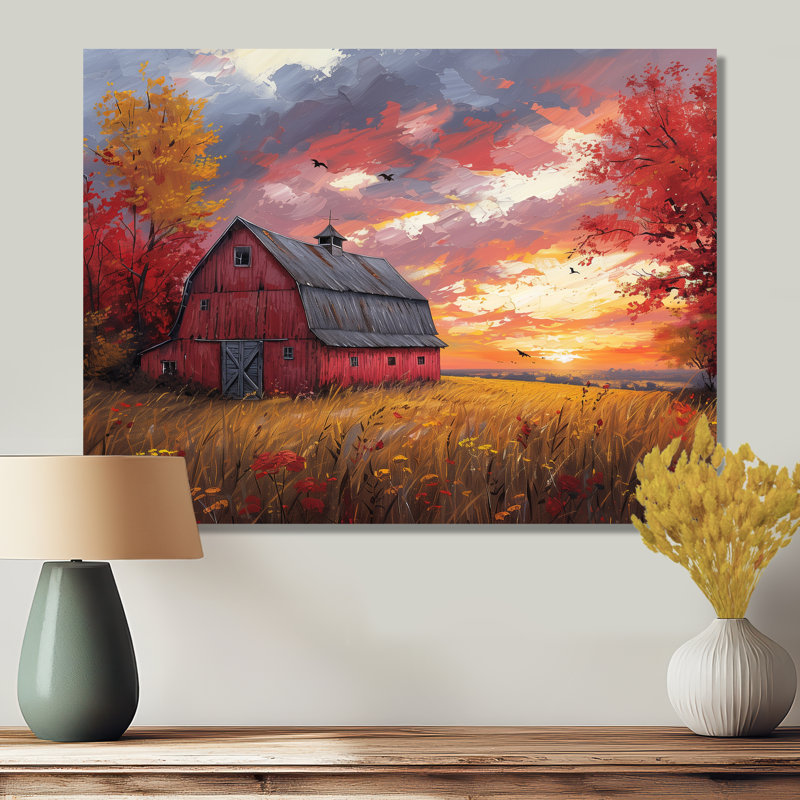 «Autumn Red Barn Breeze II» - reproduction d'art murale grange, Métal métal, H 12 po x l 20 po x P 1 po