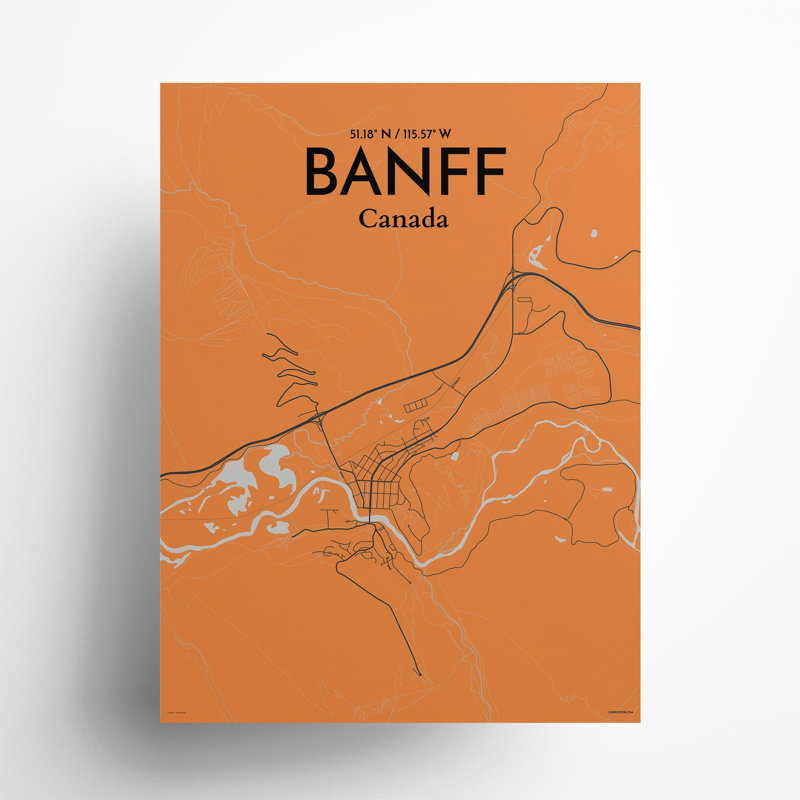 Banff, carte de la ville, impression, H 24 po x l 18 po, Orange / gris