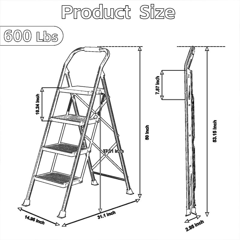 Escabeau pliant robuste à 4 marches avec rampes - Structure en acier allié d'une capacité de 600 lb, tapis antidérapants et verrou à gravité pour la maison, la cuisine et l'intérieur