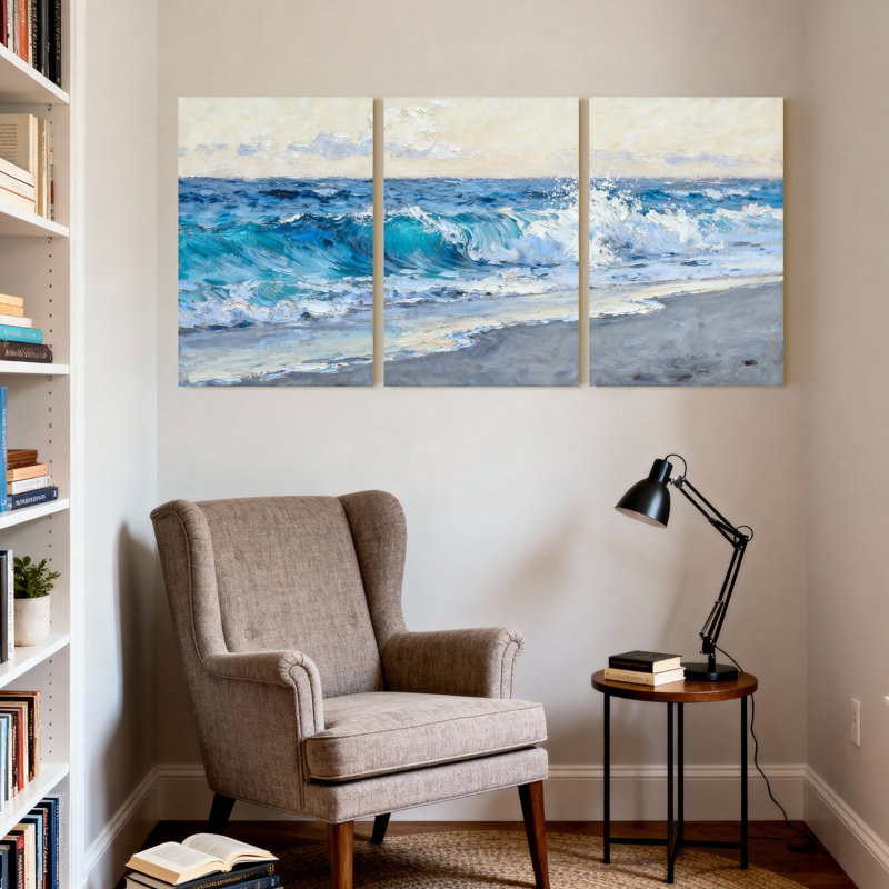 Ensemble de 3 toiles murales représentant une scène de plage et de vagues océaniques, H 30 po x l 60 po