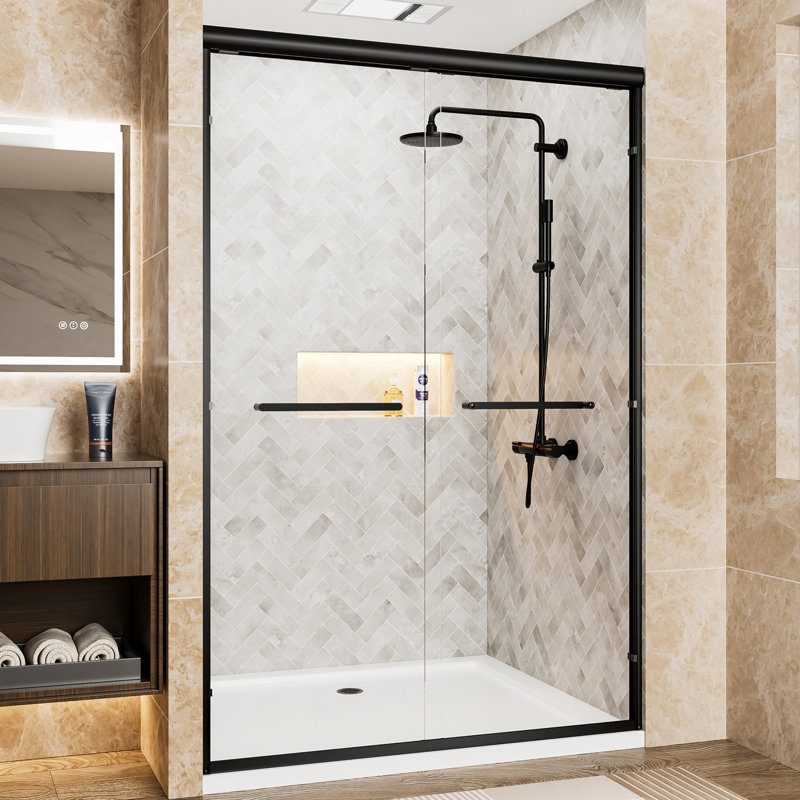 Matte Black Aluminum Frame 48" X 72" Double Sliding Shower Door, 1/4" (6Mm) Clear Tempered Glass, Waterproof Design, Easy Setup In Bathroom Frame48" 72"Double Doorclear Glassanti-Rust