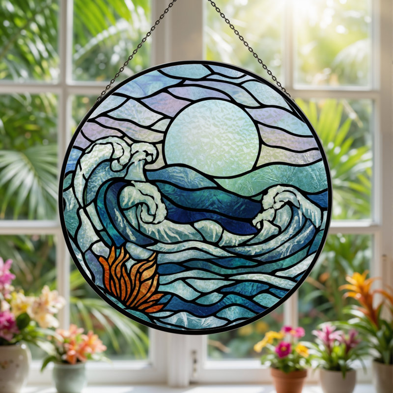 7.8"H Ocean Waves Stained Glass Window Panel, 7.8" H x 7.8" W