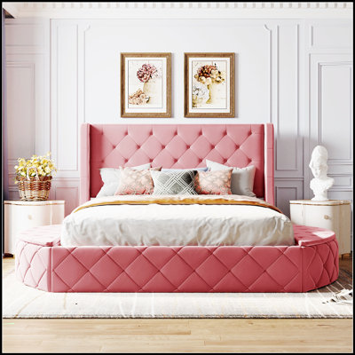 Lit plateforme tapissier avec tête de lit à oreilles, grand tiroir et tabourets de rangement latéraux pour des chambres élégantes et fonctionnelles