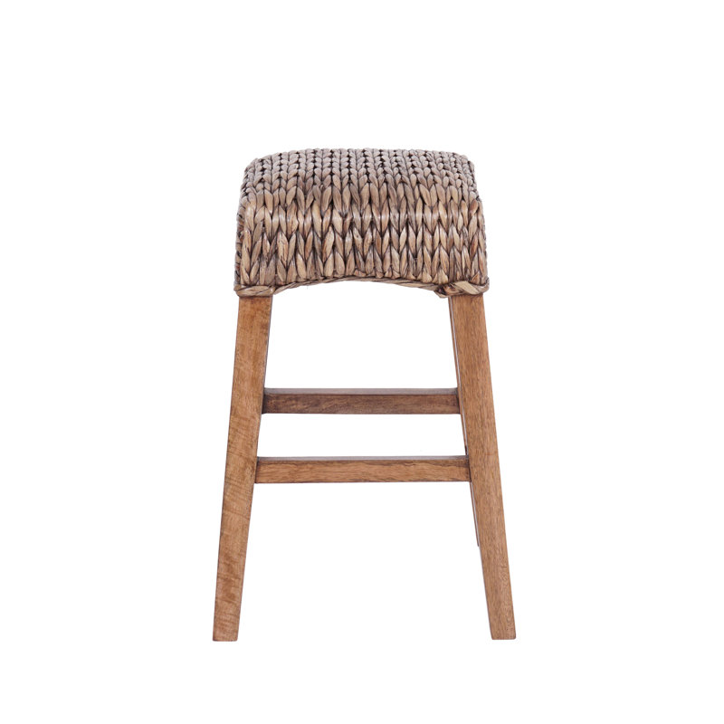 Maui Rustic Bohemian Hyacinth/Wood Backless Stool, Counter Stool (25.5" Seat Height), Brown/Brown Wash