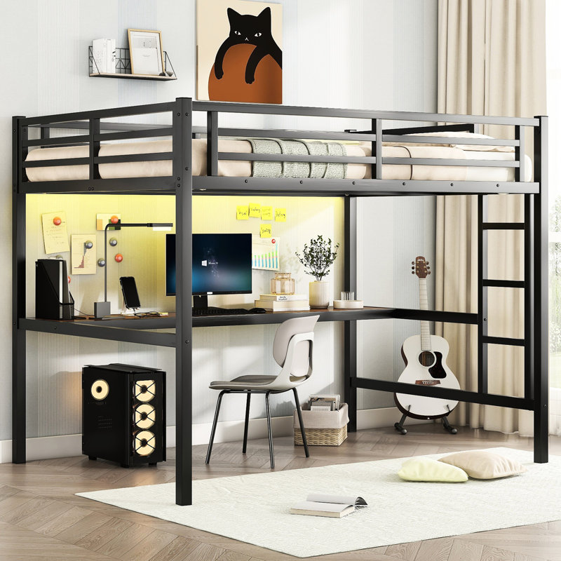 Black Metal Full Loft Bed With Desk, Power Entry, Led - Save Space, Decrease Noise Charging, Black, Space Saving, Reducing Quality Element
