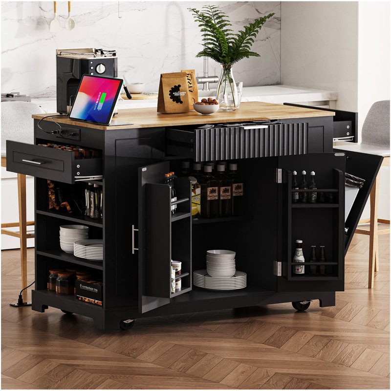 Fluted Kitchen Island With Trash Can Storage Cabinet, Power Outlet, Internal Storage Rack, Rolling Kitchen Islands On 5 Wheels With 3 Drawer, 3 Open Side Racks For 10 Gallon Garbage Bin, Black