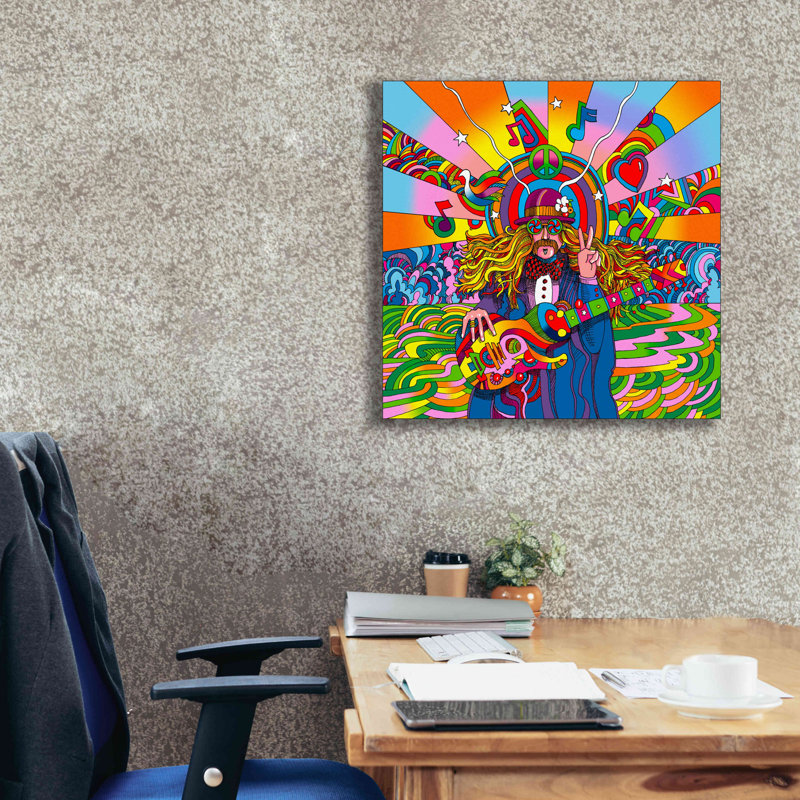 «Hippie Musician» par Howie Green, art mural sur toile, H 26 po x l 26 po x P 1,5 po