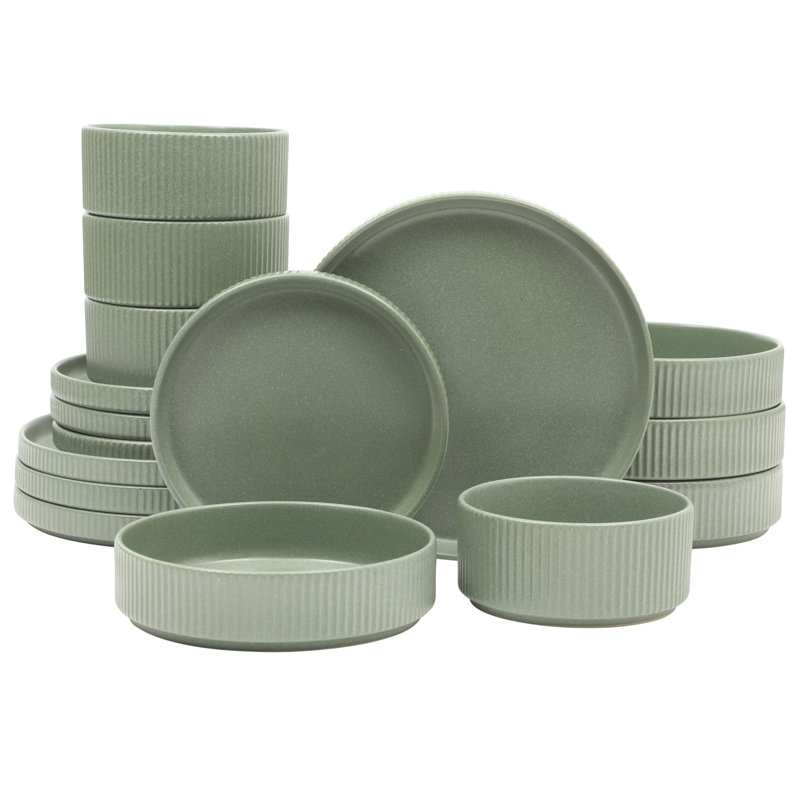 Service de table en grès 16 pièces Gibson Elite Deerfield - Assiettes et bols empilables, glacis réactif, service pour 4, vert mat