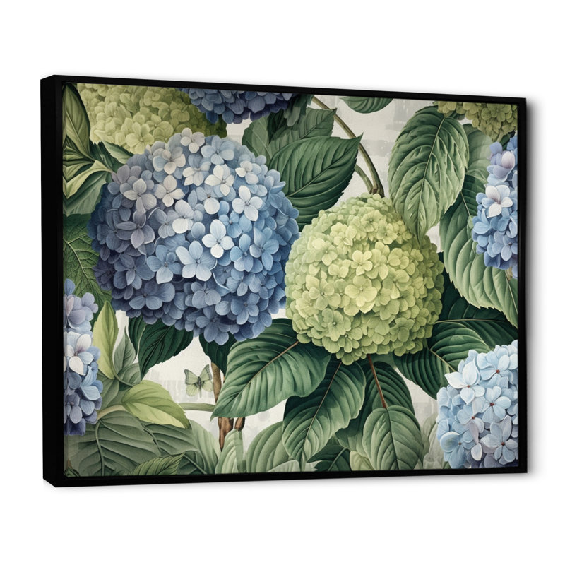 Impression sur toile rose, rose, vert et hortensia, Cadre flottant noir, H 16 po x l 32 po x P 1,5 po