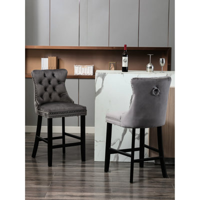 Stylish High Back Velvet Bar Chairs, Foam Cushion - Of 2  Gray Modern With Covering, Support, Density Cushion, Solid Wood Construction, 2, Gray