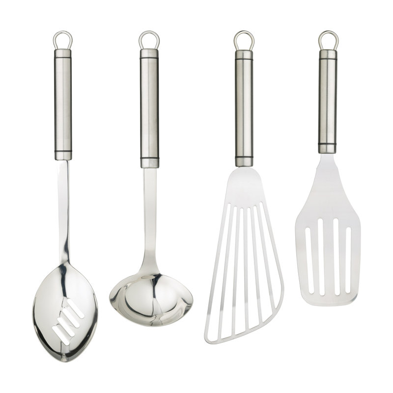 KitchenCraft Oval Handled Professional Stainless Steel Kitchen Utensils, 4pc Set Including Mini Ladle, Hamburger Turner, Slotted Spoon and Fish Slice