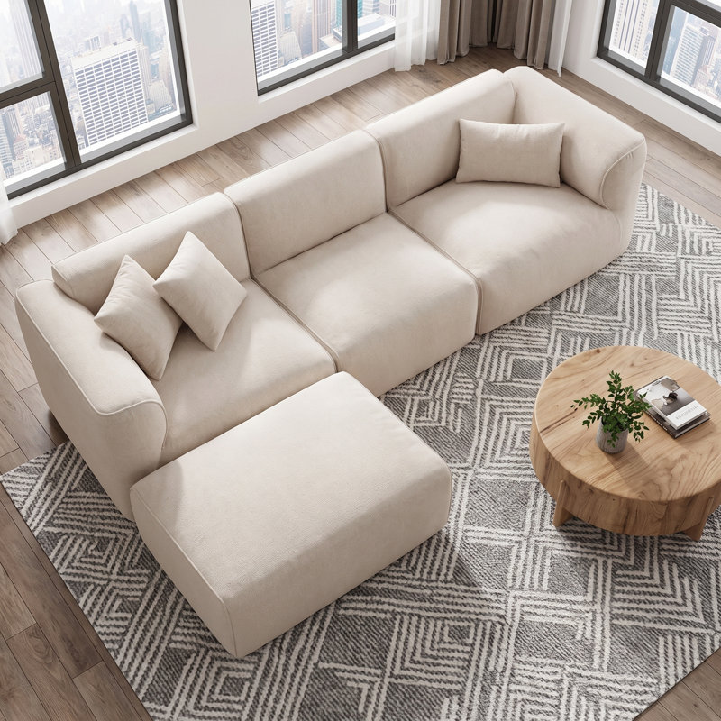 Canapé 4 places de luxe en velours coupé avec pouf amovible et 3 coussins décoratifs – Coutures doubles, coussins en mousse pure pour salon et appartement