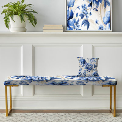 Banc bleu rembourré à motif floral Cobalt Blue Royal Flourish
