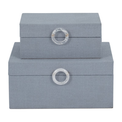 Modern Wood and Velvet Storage Boxes with Decorative Circular Pull - Set of 2