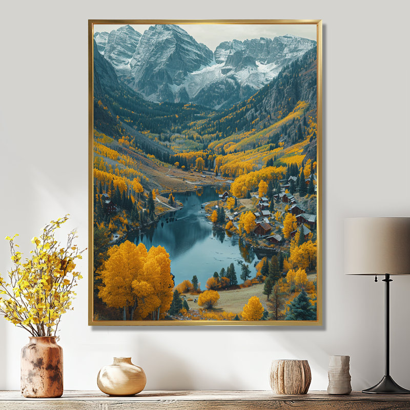 «Yellow Autumn Trees in Swiss Mountain Valley - River Mountain», reproduction d'art murale, H 40 po x l 30 po