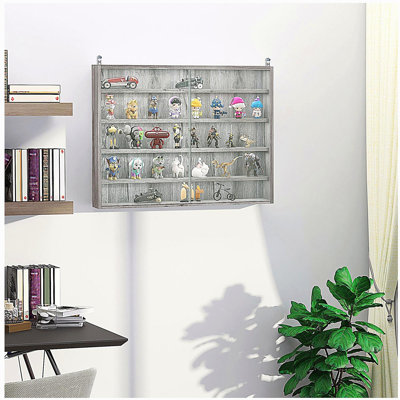 Vitrine à 5 niveaux, vitrine en verre avec 2 portes et tablettes réglables, fixation murale, gris