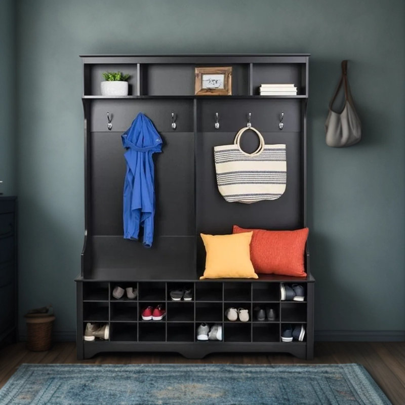 Armoire de rangement pour chaussures avec 24 casiers et 6 crochets doubles - Organisateur de vestibule autoportant avec banc et armoires supérieures - Finition en stratifié noir durable