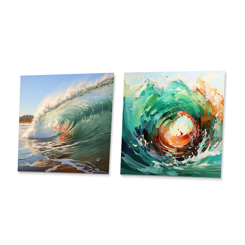 «Rolling Surf Waves I», ensemble de 2 carrés muraux abstraits modernes, H 16 po x l 32 po