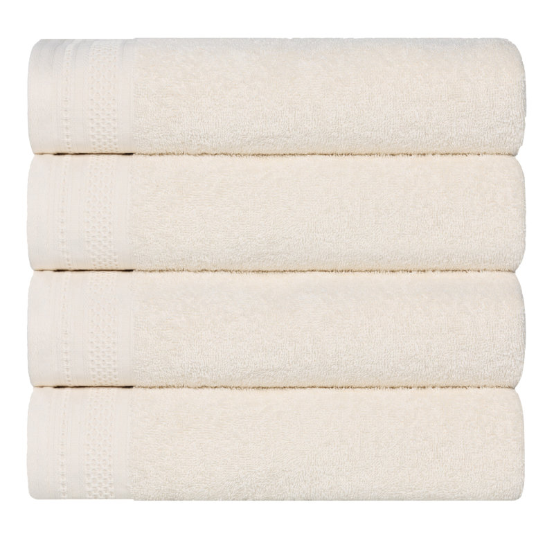 Honeycomb Textured Waffle Border Cotton Medium Weight Bath Towels, Ivory