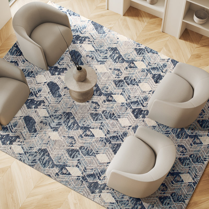 Wool Geometric Area Rug in Blue, Rectangle 2' x 3'