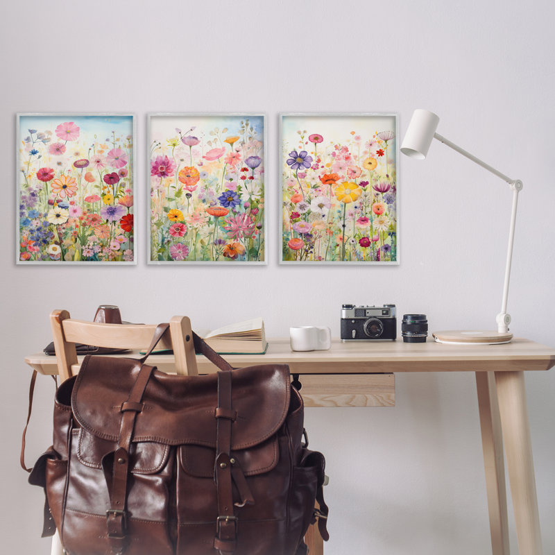  «Bold Flower Meadow Horizon», ensemble de 3 giclées sur papier par RB, H 30 po x l 20 po, Estampe numérique Farmhouse