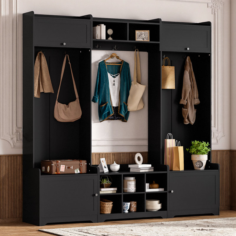 Black Hall Tree with Shoe Storage, Entryway Bench & 7 Coat Hooks, Black