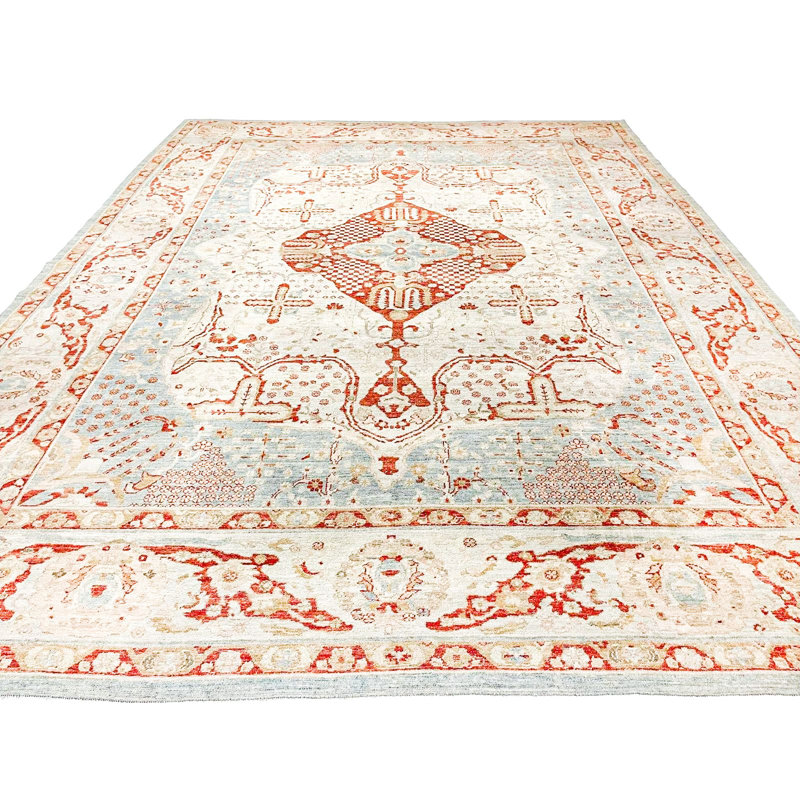 Tapis unique bleu / ivoire de 10 pi 6 po x 13 9 pi 10 po des années 1950