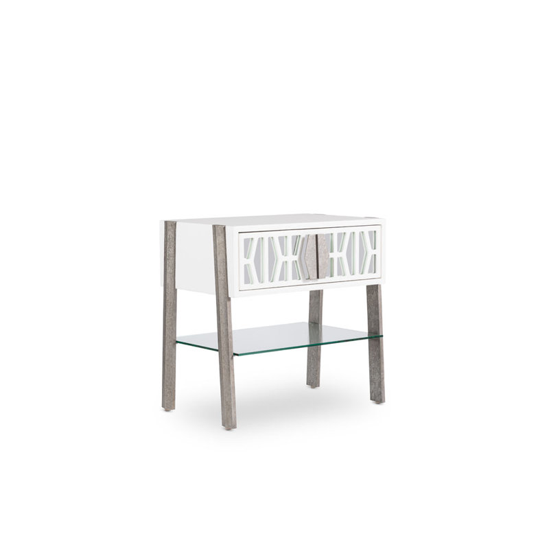 Cambridge 1 - Drawer Solid Wood Nightstand, Santorini White/Antique Silver