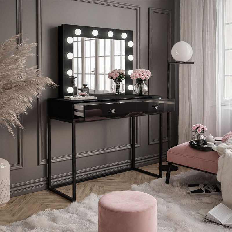 Antaneice Dressing Table with Mirror, Black/High Gloss Black