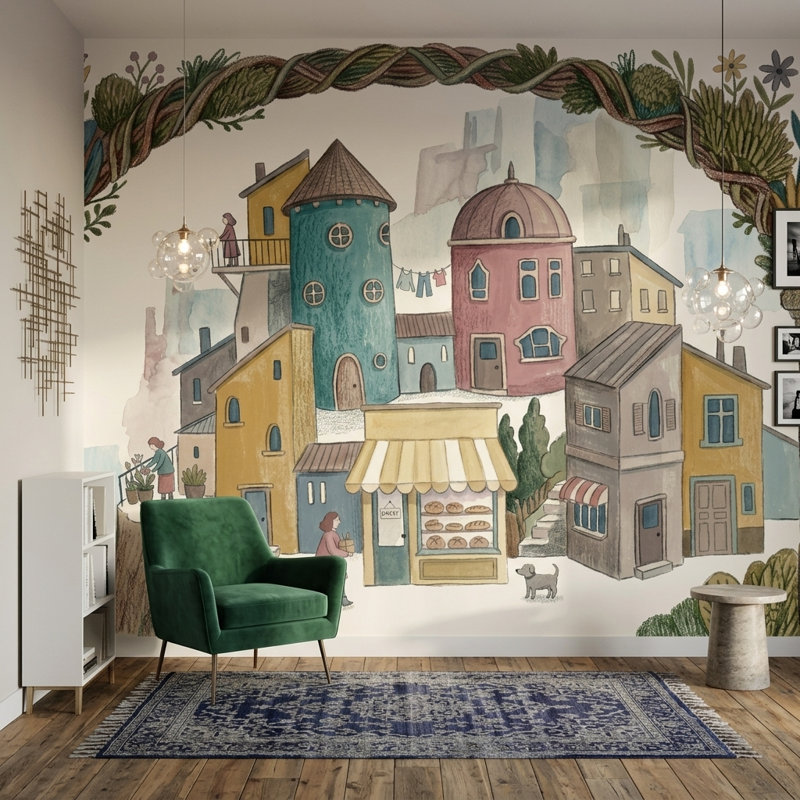 Décoration murale amovible Wholesical Village, 120 po x 96 po, Peler et coller