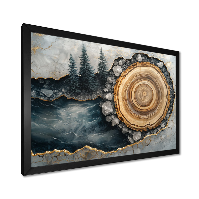 Winter Dam, rivière de glissade en bois et cristal IV - forêt, art mural, H 34 po x l 44 po, Noir, Picture Framed
