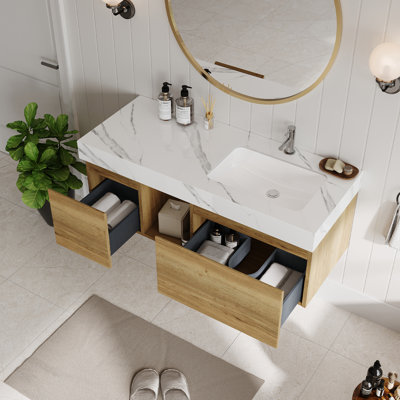 Meuble-lavabo mural moderne avec lavabo simple, lavabos flottants avec comptoir en pierre frittée Loubertha