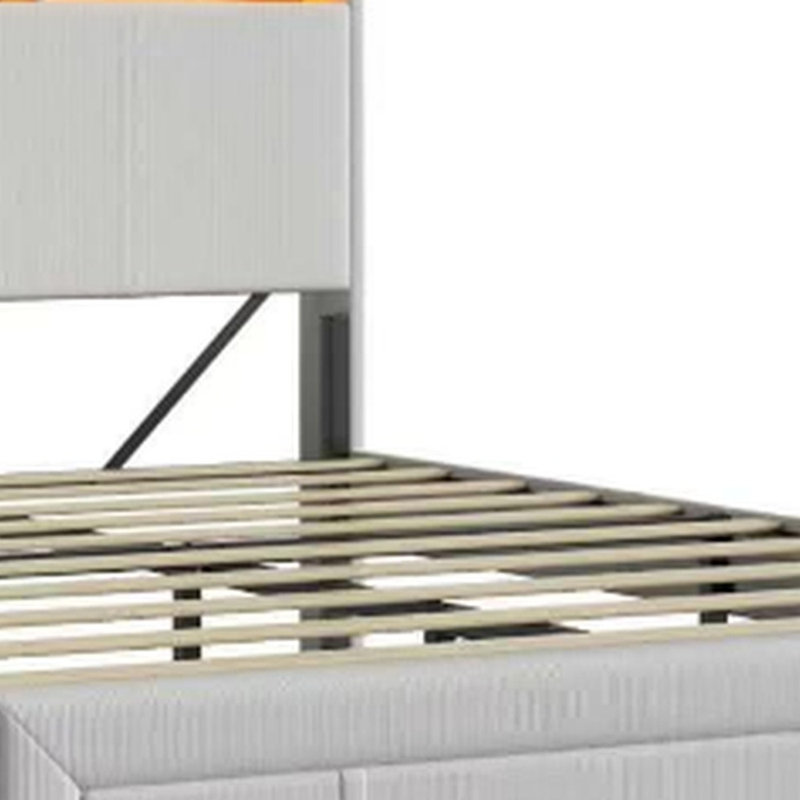 Lit rembourré avec tiroirs, tête de lit avec station de charge et lumières DEL, Grand lit, Beige