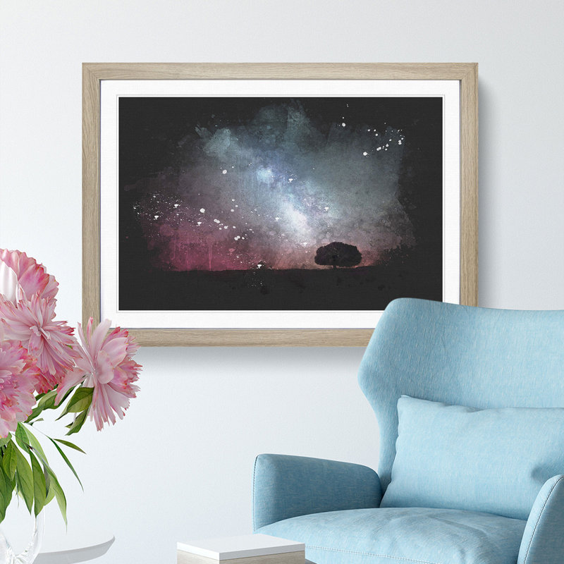 Stars Above A Lone Tree - Picture Frame Graphic Art, 33cm H x 45cm W x 2cm D, Oak Framed
