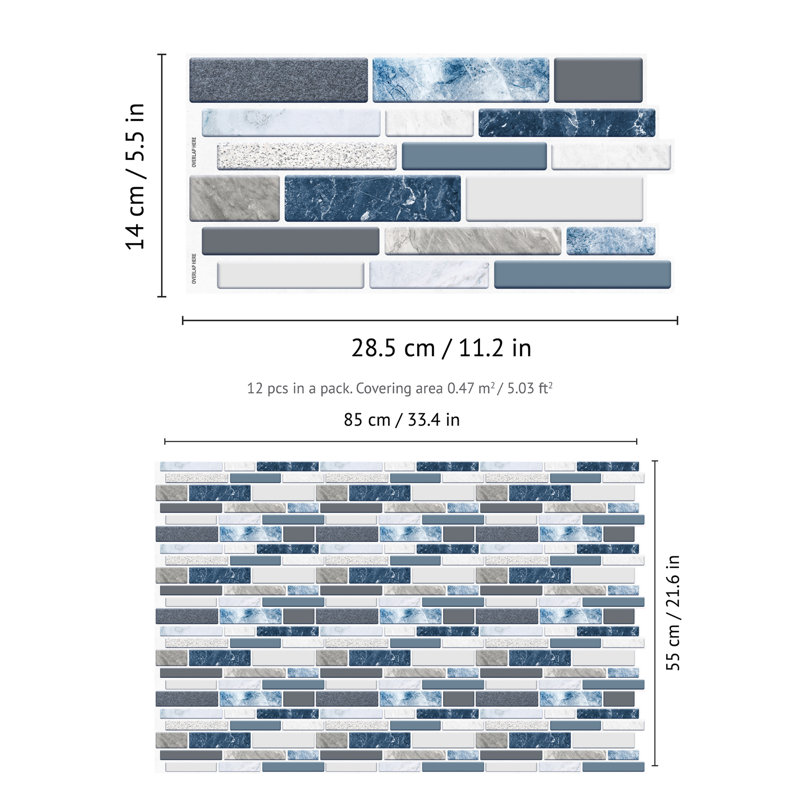 Carreau de mosaïque auto-adhésif en aluminium 33 po x 22 po, Bleu / gris, 12"