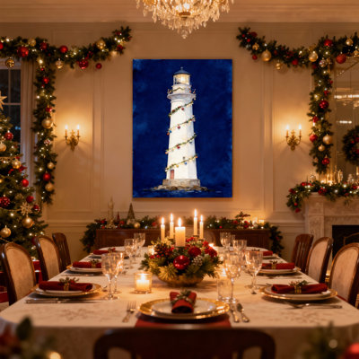 Phare de Noël décoré de lumières de Noël et de guirlandes, ensemble de 3 impressions sur toile