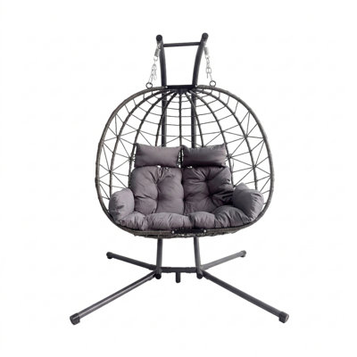 Balancelle double suspendue avec support, hamac pour patio avec causeuse à coussin pour la chambre à coucher, le balcon, le jardin, l'intérieur, l'extérieur