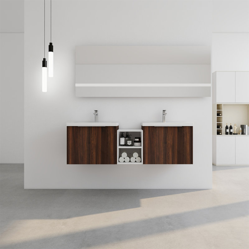 Meuble-lavabo à fermeture en douceur avec lavabo, Noyer de Californie, 59"
