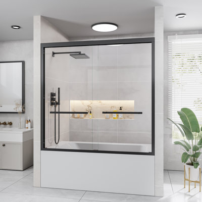 Porte de douche coulissante encadrée 56 "à 60" x 58 ", noir mat, verre trempé transparent de 6 mm, certifié par la SGCC