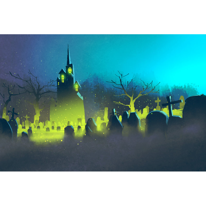 Spooky Castle,Halloween Concept, Cemetery At Night - Wrapped Canvas Print, 81cm H x 122cm W x 3.8cm D