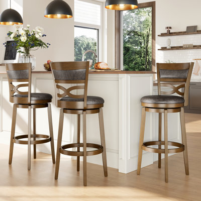Danazia 30" Traditional Upholstered Faux Leather Upholstered Swivel Bar Stool with Solid Wood Frame for Kitchen (Set of 3)